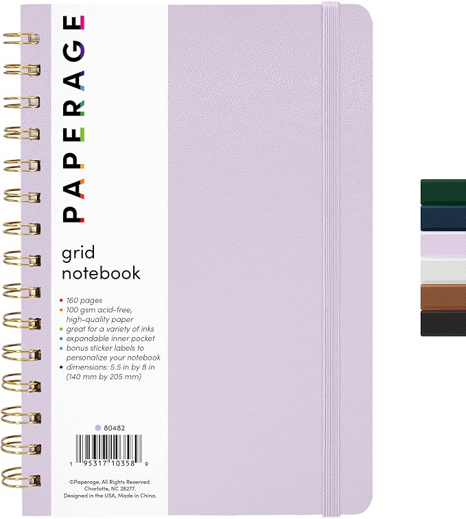 PAPERAGE Graph Paper Spiral Notebook & Journal, (Lavender), 160 Pages, Medium 5.5 inches x 8 inches - 100 GSM Thick Graphing Paper, Hardcover, Double-Wire Grid Spiral Notebook