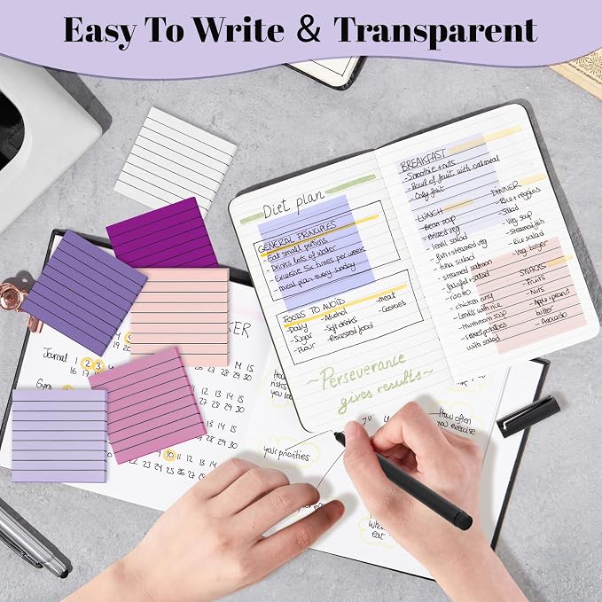 Transparent Sticky Notes Lined 300 Sheets 3"X3" Purple PET Material | Clear Translucent Self-Adhesive Sticky Notes for Back to School & Office Supplies, See Through Reveals Underlying Bible Text