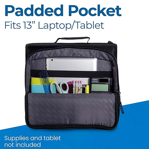 Case-it School Zipper Binder | 2" O-Rings | 400-Sheet | LT-007 Jet Black | Universal, 13-Inch Laptop/Tablet Padded Pocket, Multiple Storage Pockets, Shoulder Strap, School & Office Organizer
