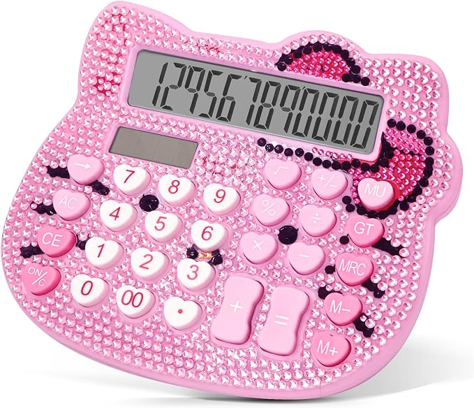 Cute Calculators, Women Desk Calculator 12 Digit with Large LCD Display and Sensitive Button, Suitable for Adults and Children, Standard Function for Office, Home, School (Pink+Pink Jewel Model)