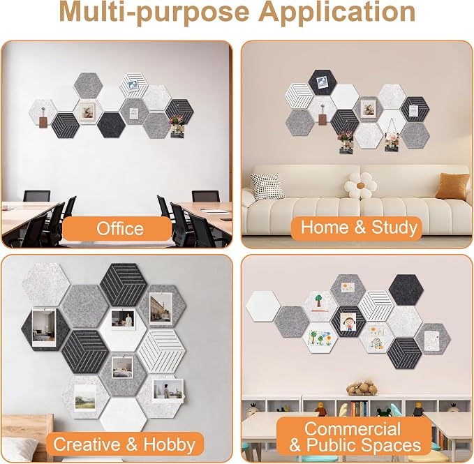 12PK Hexagon Cork Board & Felt Board Modern Grayscale 70 Pins | 11.8x10.2 inches, 12-pack set, cut-out geometric designs, ideal for home office wall decor, vision board, DIY art projects