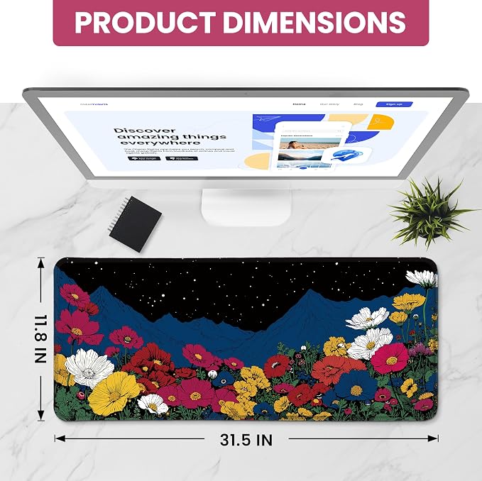 Aesthetic Desk Mat, Cute Girly Floral Desk Pad Protector for Work & Decor, 31.5" x 11.8", Pretty Non-Slip Extended Mouse Pad for Office or Home