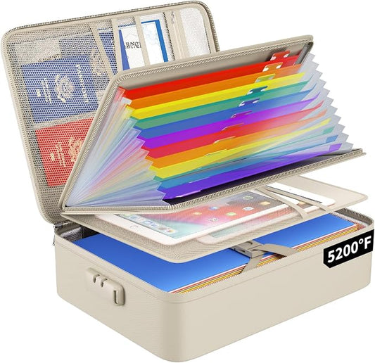 ENGPOW Fireproof File Organizer Bag with 13 Pockets Accordion File Folder | 5200℉ Document Organizer Box with Lock & Labels, Multi-Layer, Portable Home Safe Storage for Important Documents, Beige