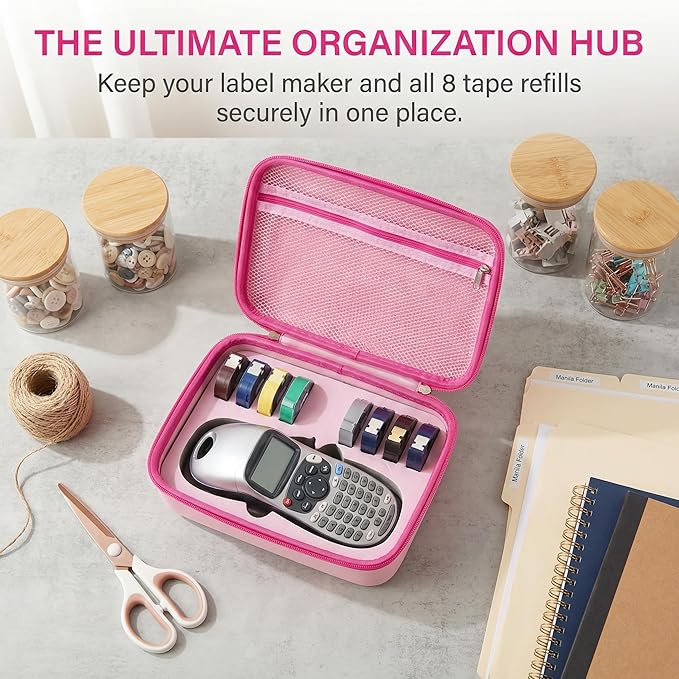 Case Compatible with DYMO LetraTag LT-100H Handheld Label Maker Machine, Holder for Labeler Makers Printer Machine & Labeling Tapes Refills, with Mesh Pocket for Accessories- (Pink)