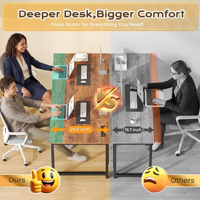 63 X 30 Inch Extra Deep Desk with Power Outlets | Long Computer Desk for Bedroom, Office Desk for Work from Home, Writing Study Gaming Table, Stable Metal Frame, Rustic Brown