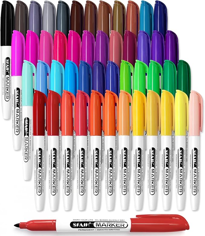 SFAIH 48 Colors Permanent Markers - Assorted Vibrant Colors, Quick Drying, Fade Resistant, Alcohol-Based Fine Point Permanent Markers for Paper, Plastic, Wood, Coloring, Drawing Doodling, Waterproof