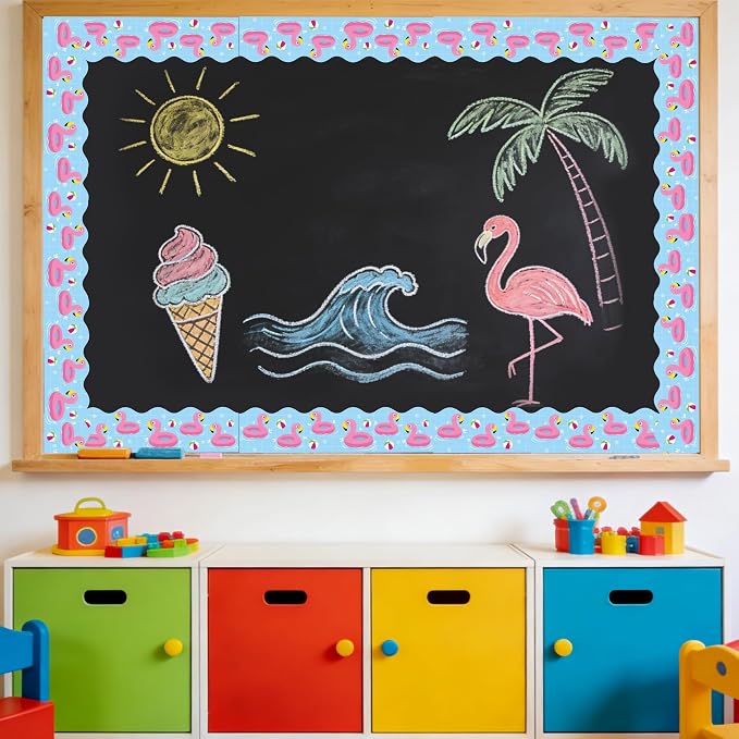 BeYumi Summer Flamingo Border Trim - 65ft Back to School Pool Rolled Border | Tropical Flamingo Beach Swimming Pool Bulletin Board Set School Classroom Office Chalkboard Home Party Holiday Decoration