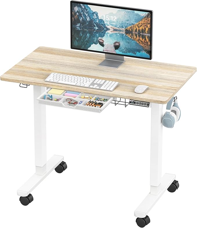SHW 40-Inch Mobile Electric Height Adjustable Sit to Stand Desk with Drawer, Hanging Hooks and Cable Management, Maple