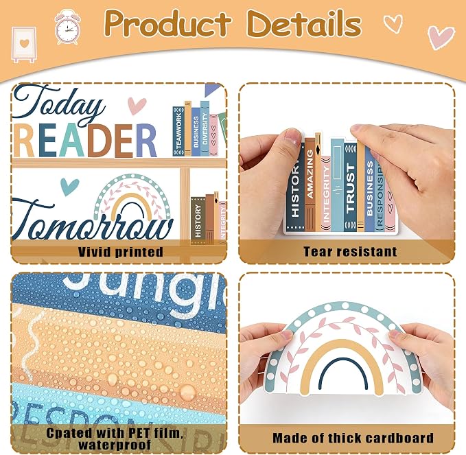 Boho Bookshelf Reading Bulletin Board Set – 80PCS Motivational Library Decor with Rainbow & Inspirational Cutouts – Read Themed Classroom Supplies for Back to School, Home & Wall Displays