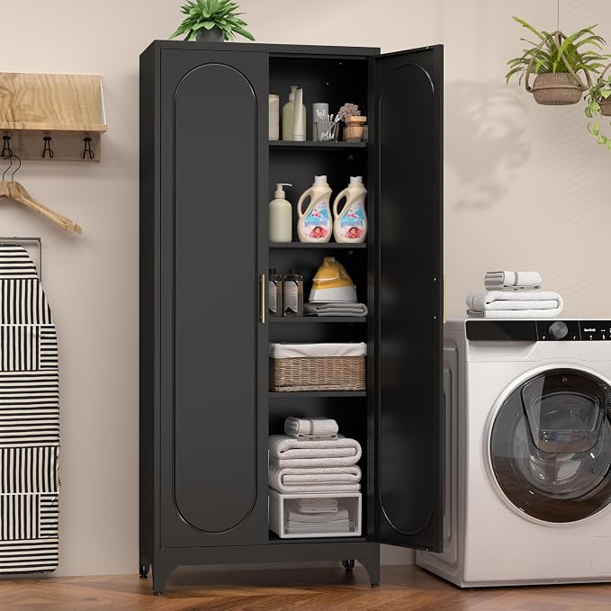 75" Tall White Storage Cabinet with Doors & 4 Adjustable Shelves | Metal Kitchen Pantry Cabinet, Metal Cabinet for Kitchen, Garage, Home Office, Living Room & School