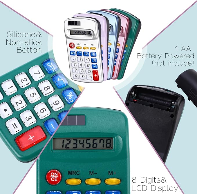 Flutesan 30 Pack Pocket Calculator,Blue, Gray, Red, Green, Purple | Mini 4 Function Calculators, for Students Kids, Small Battery Powered Bulk, Basic Handheld, for School Classroom Home Office