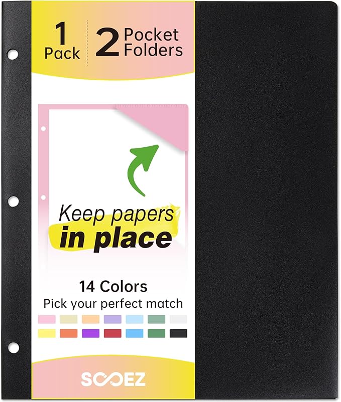 Sooez 2-Pocket Folders, Plastic Folders with Pockets 3 Hole Punched, 1 Pack Pockets Folder for 3 Ring Binder with Labels, Heavy Duty Binder Folder for Document, Letter Size File Folder,Black