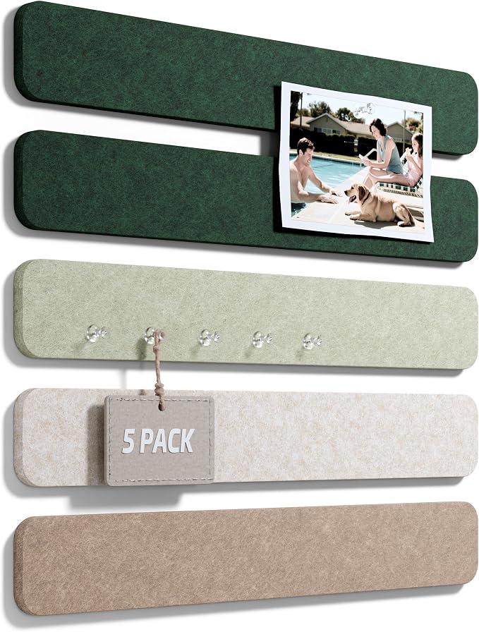 Fluxynara 13" x 2" Felt Wall Panels, Nordic Moss | 5-Pack Includes 35 Push Pins and Adhesive Tabs for Photos, Notes and Decor in Bedroom Doors, Home Office or Studios