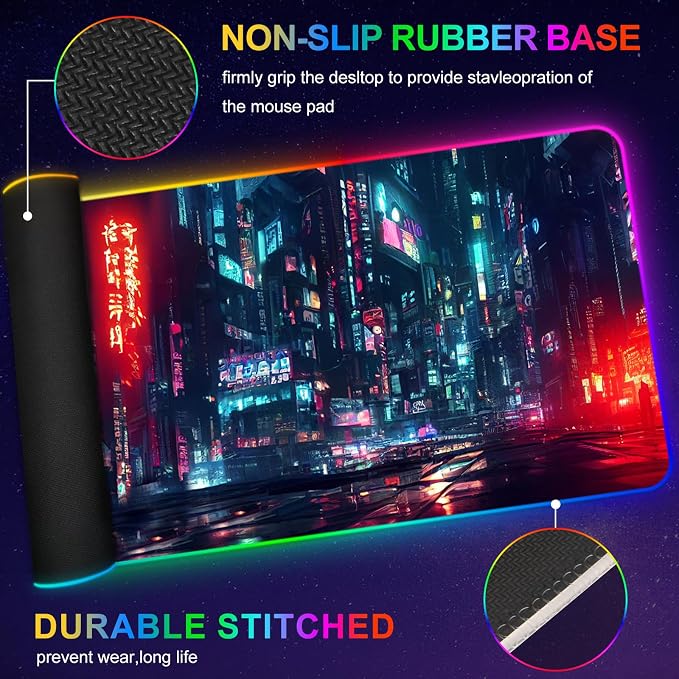 RGB Gaming Mouse Pad Large, Extended Soft Led Mouse Pad with 14 Lighting Modes 2 Brightness, Water Resist Keyboard Pad, Computer Mousepads Mat 35.4x15.7inch, Night City