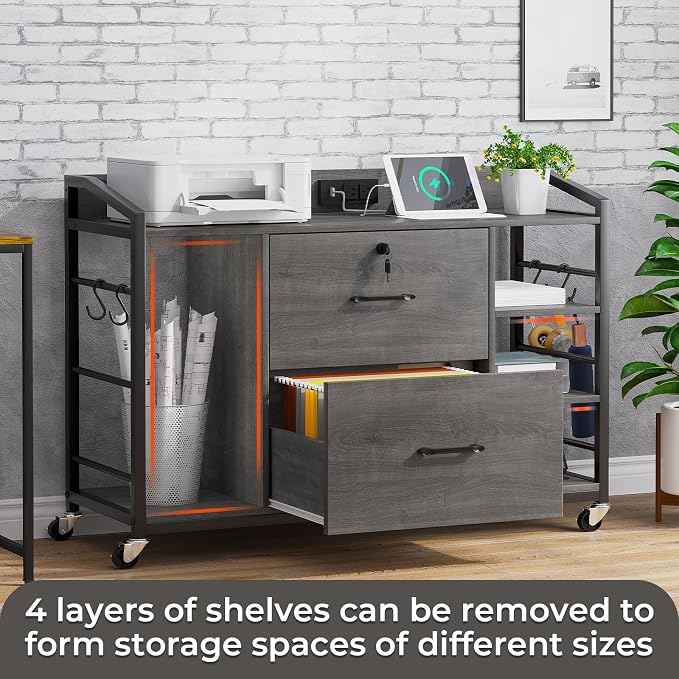 SEDETA 44" File Cabinet with Lock, Filing Cabinet fits Legal/Letter Size | Grey Lateral 2 Drawer Filing Cabinets for Home Office with Lock, Power Strip, 6 Storage Shelves, Wheels and 4 Hooks