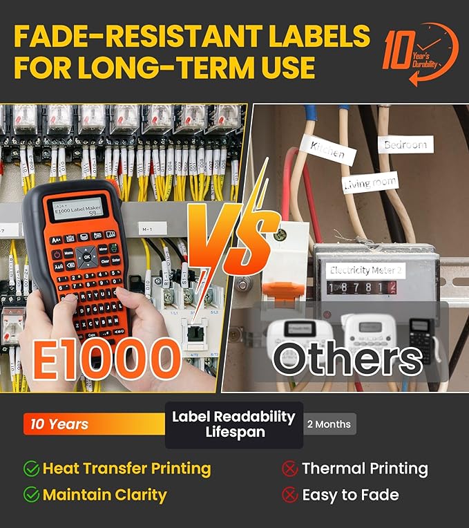E1000 Heat Shrink Label Maker, Wire Label Maker Waterproof-Labels, Labeler Machine with 2PK 12mm 0.47 Heat Shrink Tube Tapes & 2PK Flexible Cable Tapes for Industrial Electrical Use