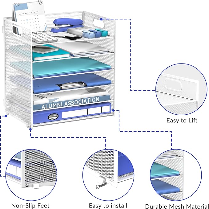 Daltack 6-Tier Paper Organizer for Desk with Handle, White | Sturdy Metal Mesh Organizer with Movable Middle Trays and a Carry Handle for Papers, Folders and Office Supplies