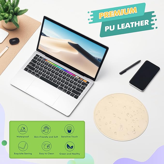 Mouse Pad，Round Mouse Pad，PU Mouse Pad，Leather Mouse Pad with Stitched Edge Micro-Fiber Base with Non-Slip Waterproof，Mouse Pad for Computers，Laptop，9 x 9 Inch (Milky White)