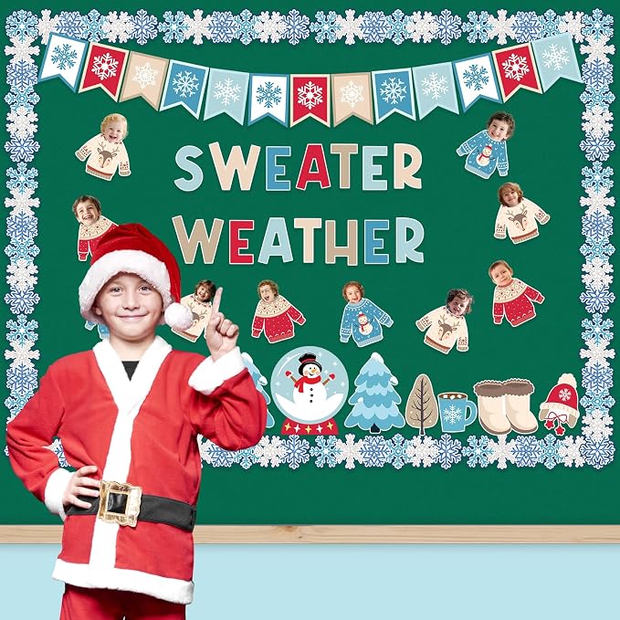 95Pcs Winter Bulletin Board Decoration Set Christmas Sweater Weather Classroom Decoration Kit Snowmen Snowflake Border DIY Photo for Home School Office Wall Door (Sweater)