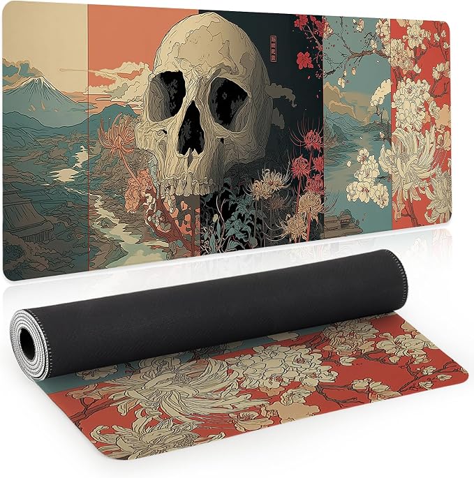 Japanese Skeleton Gaming Mouse Pad, Desk Mat, XL Extended Big Large Mousepad with Non-Slip Rubber Base, Laptop Computer Keyboard Mat Office&Home, 31.5x11.8in, Skull