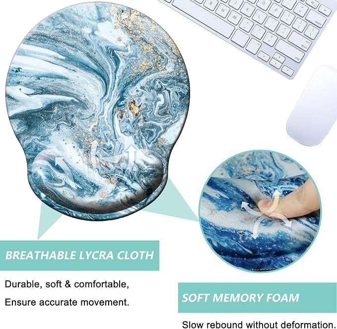 Mouse Pad with Wrist Support, Ergonomic Mouse Pad with Memory Foam Wrist Rest Cushion, Non-Slip Rubber Base Gaming Mice Pad for Home Office Computer Laptop, Blue Marble