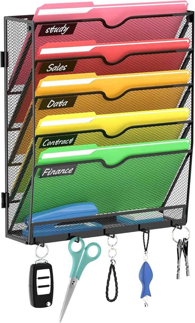 6-Tier Wall File Organizer with Hook, Hanging File Organizer Black | Wall-mounted mail storage holds papers, folders, files, clipboards and magazines, assembly required for office or home use.