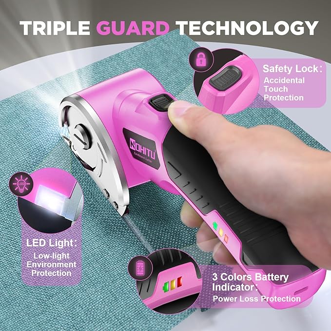Cardboard Cutter: 4V Rechargeable Rotary Electric Box Cutter, 3000mAh Battery, with LED Light & Safety Lock, 2 Blades, Cordless Electric Scissorsfor Fabric Carpet Carton Plastic Leather Cloth (Pink)