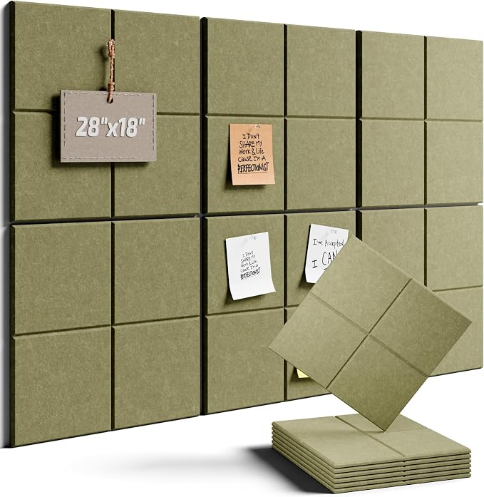 28" x 18" Felt Bulletin Board Tiles, 4-Compartment, Olive Green | 6-Pack Cork Board Alternative, 30 Adhesive Tabs, Push Pin Board, Wall Decor, Office, Home, Classroom, Dorm