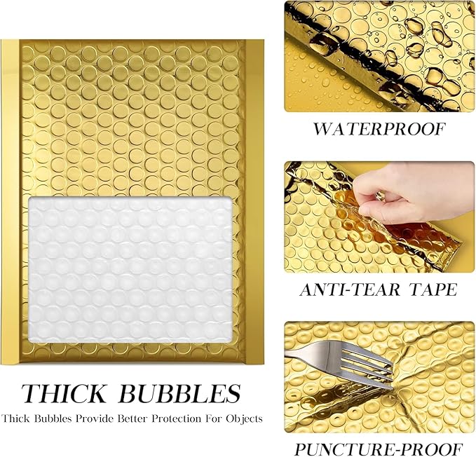 Fuxury Bubble Mailers 6x10" 300 Pack, Strong Adhesion and Thick Metallic Bubble Envelopes,Waterproof Padded Envelopes,Durable Padded Mailers Packing Bag for Jewelry, Makeup Supplies，Bulk #0 Gold