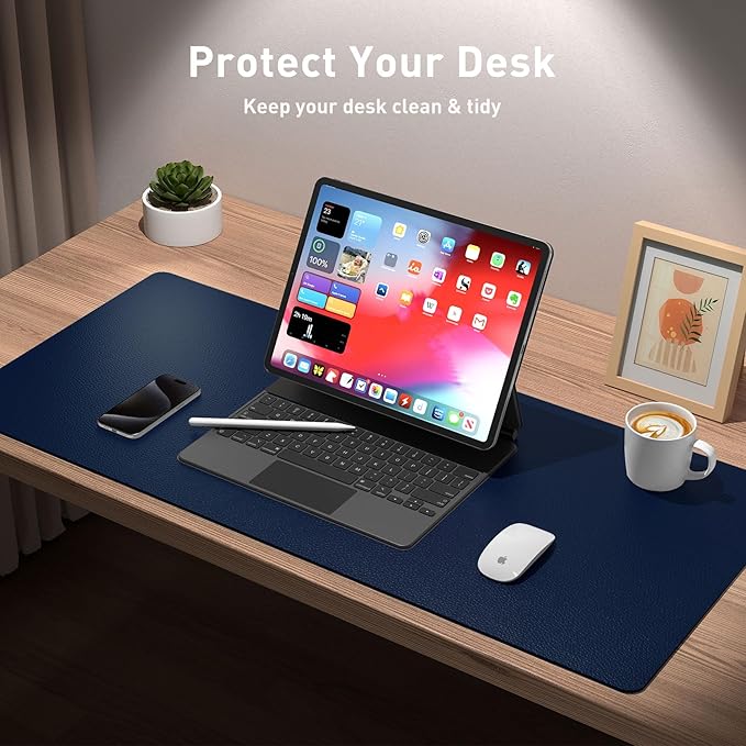 Aothia Leather Desk Pad Protector, Mouse Pad,Office Desk Mat, Non-Slip PU Leather Desk Blotter, Laptop Desk Pad, Waterproof Desk Writing Pad for Office and Home (Dark Blue,36" x 17") (Pack of 2)