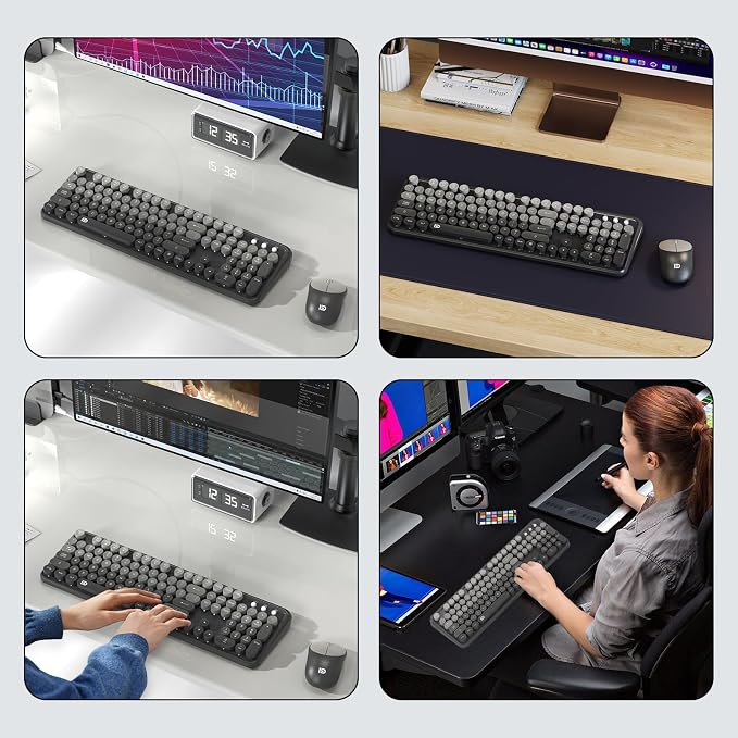 Wireless Keyboard and Mouse Combo - Cute Colorful Mouse and Keyboard 2.4G Full-Sized with 104 Round Keys Retro Typewriter Keyboards for Laptop/Windows/PC - Grey Gradient
