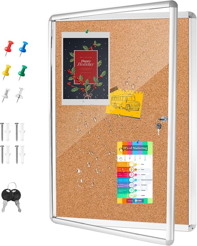 36"x24" Outdoor Enclosed Bulletin Board with Locking Door,Outdoor Bulletin Board Weatherproof Aluminum Frame,Shatter-Resistant Tamper-Proof Display Board Case Cork Board for School, Office, Park