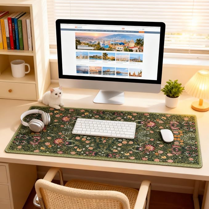 Dark Green Floral XXL Desk Mat, Extra Large Mouse Pad with Anti-Slip Base & Stitched Edges for Women, Aesthetic Desk Pad for Home Office Computer, Keyboard Mat Office Supplies Decor