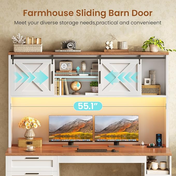 SEDETA 55.1" Farmhouse Desk with Hutch & 3 Storage Drawers | Executive Computer Desk with Storage Cabinet and Shelves, Home Office Desk with power outlet & LED Lights,White and Brown