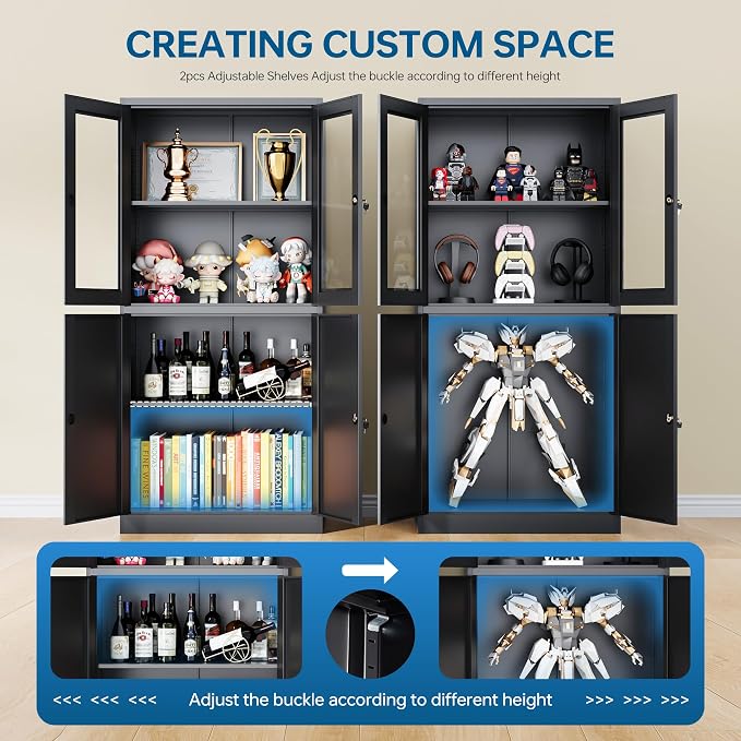 PEUKC Display Storage Cabinet with Glass Door, 71 Inches Metal Curio Cabinet with 2 Adjustable Shelves, Locking Glass Display Case for Home, Office, Clinic, Pantry, Assemble Required (Black)