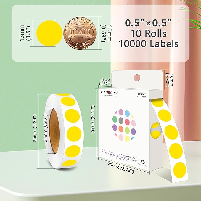 PARLAIM 10000pcs 1/2 Inch Diameter Round Color-Code Dot Stickers, 10 Rolls Adhesive Yellow Circle Labels for Office Classroom