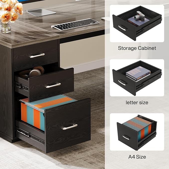 Tribesigns 85.8-Inch L-Shaped Executive Desk, Extra Large Modern Office Desk with File Drawers, Door Cabinet & Shelves, Commercial Office Table, Home Business Workstation, Grey & Black