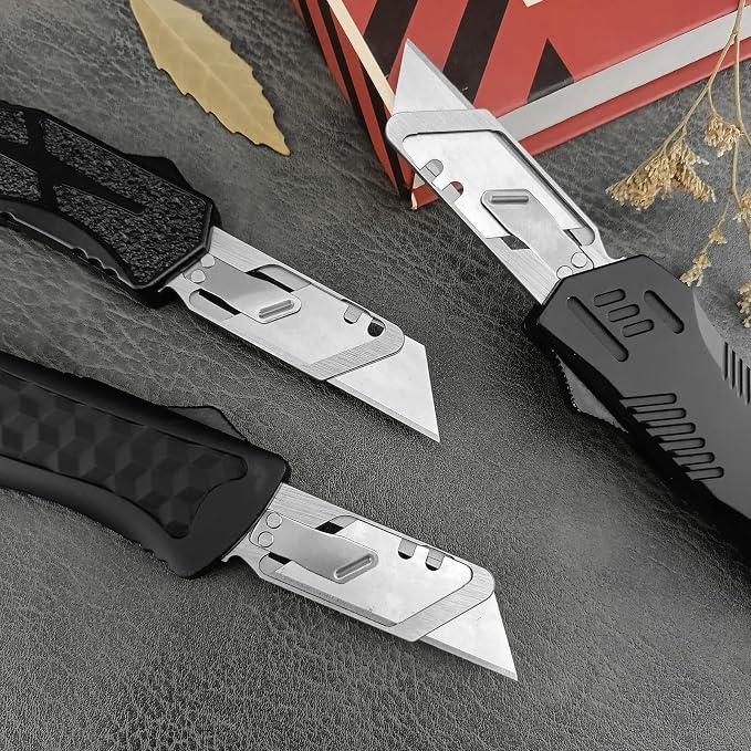 Folding Utility Knife, Zinc Alloy Handle Heavy Duty Safety Box Cutter, EDC Utility Knife with Extra 10PC Blades, Ideal for Home Tools, Office and Outdoors (Striped Handle)