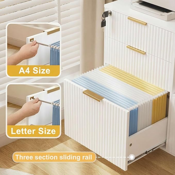 3 Drawer Fluted Mobile Filing Cabinet with Lock, Lateral Rolling Under Desk File Cabinet, Wooden Printer Stand Table for Home Office Essentials Storage Organization Furniture Letters/A4(White)