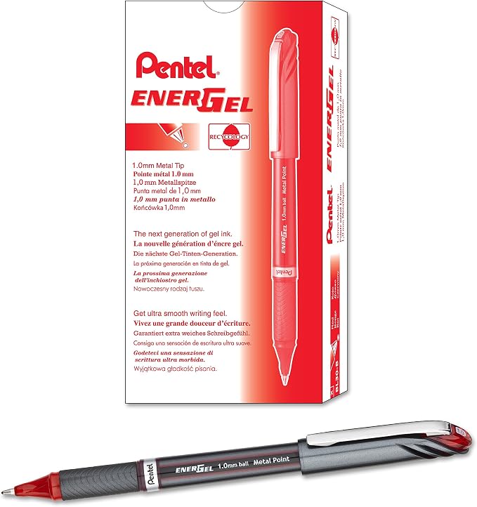 Pentel ENER-GEL NV Liquid gel Pen, (1.0mm) Bold Line Capped, Metal Tip, Red Ink, Box of 12 (BL30-B)