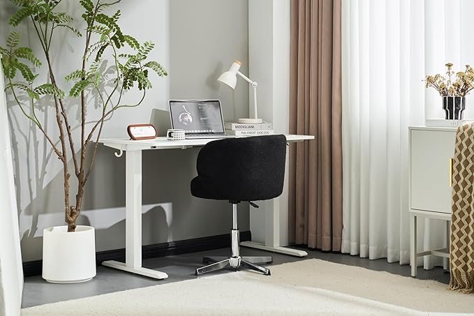 VINGLI Cute Small Swivel Desk Chair Comfy no Wheels,Ergonomic Low-Back Lumbar Support Vanity Nail Tech Computer Task Stool Chair for Home Office,Height Adjustable,Teddy Fleece,Black