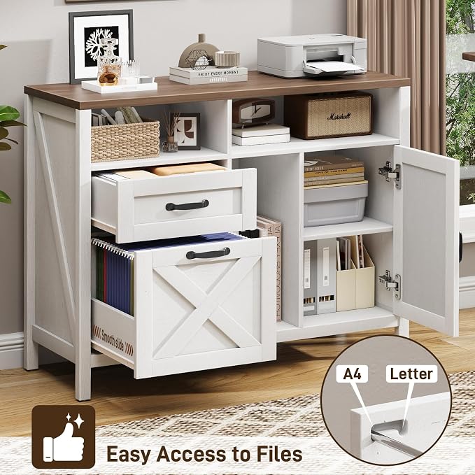 Befrases Farmhouse File Cabinet with Doors, Lateral Filing Cabinet with 2 Drawers for Letter/A4 Size Hanging Files, Large Wooden Printer Stand with Open Shelf for Home Office, Rustic White