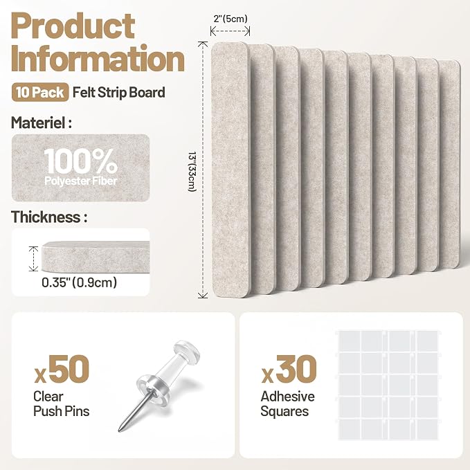 10 Pack 13"x2" Cork Board Strip with Removable Adhesive Squares & Push Pins | Pin Board Alternative Felt Strip Bulletin Board, Felt Board for Photo & Note Display, Home Office Decor - Oatmeal