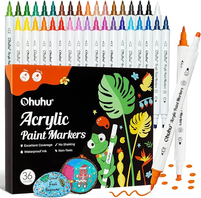 Ohuhu Acrylic Paint Markers Dual Tips: 36 Colors Fine & Dot Paint Pens High Opacity Acrylic Markers Waterproof Lightfast for Rock Painting 3D Prints Egg Wood Glass Ceramic DIY Crafts - Akaka