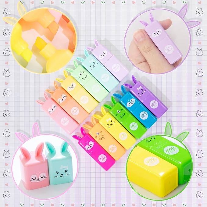 Rabbit Pastel Highlighters, 12 Soft Colors, Chisel Tip Markers | Cute No Bleed & Quick Dry Highlighters for School, Journals & Notes