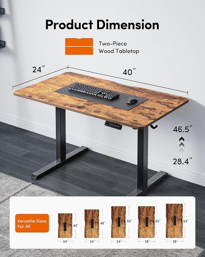 FEZIBO 40 x 24 Inchs Electric Standing Desk, Height Adjustable, Sit Stand Up, Computer Office Desk with Splice Board, Black Frame/Rustic Brown Top | Sit and Stand Up Adjustable Desk, Home Office Computer Desk with 3 Customizable Memory Presets