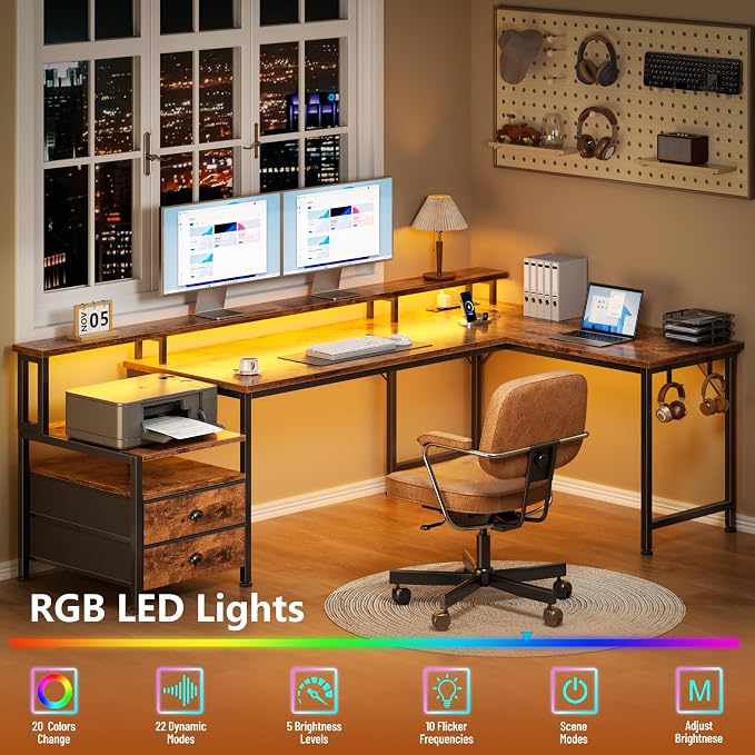 Korfile 66'' L Shaped Computer Desk with Storage Drawers, Power Outlet, LED | Large Office Desk with Host Stand, Reversible Corner Design for Gaming, Work, Home Office, Study Room, Bedroom