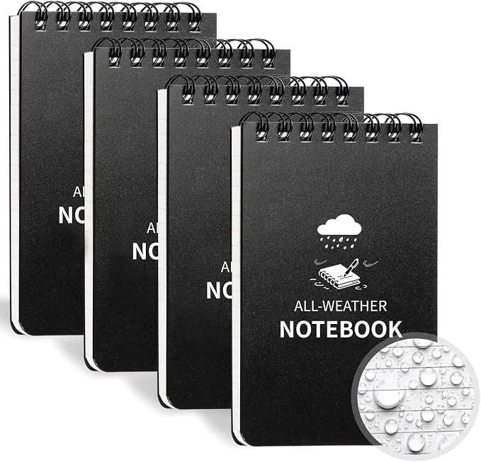 Waterproof Notebook, 4 Pack Pocket Notepad, 3" x 5 Top-Spiral NotePad Black | Weatherproof All Weather Police Pocket Notebook Mini Memo Steno Note Pads for Outdoor Office School Recording
