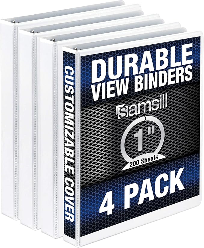 Samsill Durable 1 Inch Binder, Round Ring Customizable Clear View Binder, White, 4 Pack (MP48437)
