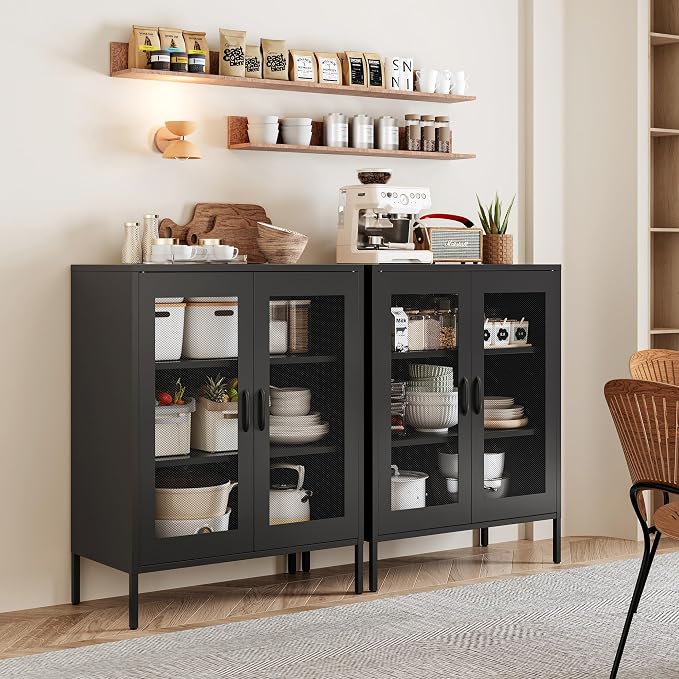 Chshin Black Metal Storage Cabinet,Metal Locker Storage Cabinet with 2 Mesh Doors and Adjustable Shelves,Kitchen Pantry Cabinets for Home,Sideboard,Living Room,Office(40" H)